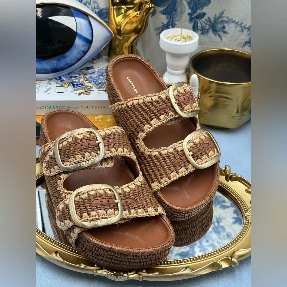 🆕 LOEFFLER RANDALL 🧿 NWOB Theo Embroidered Raffia Platform Sandal, Brown Sz 7